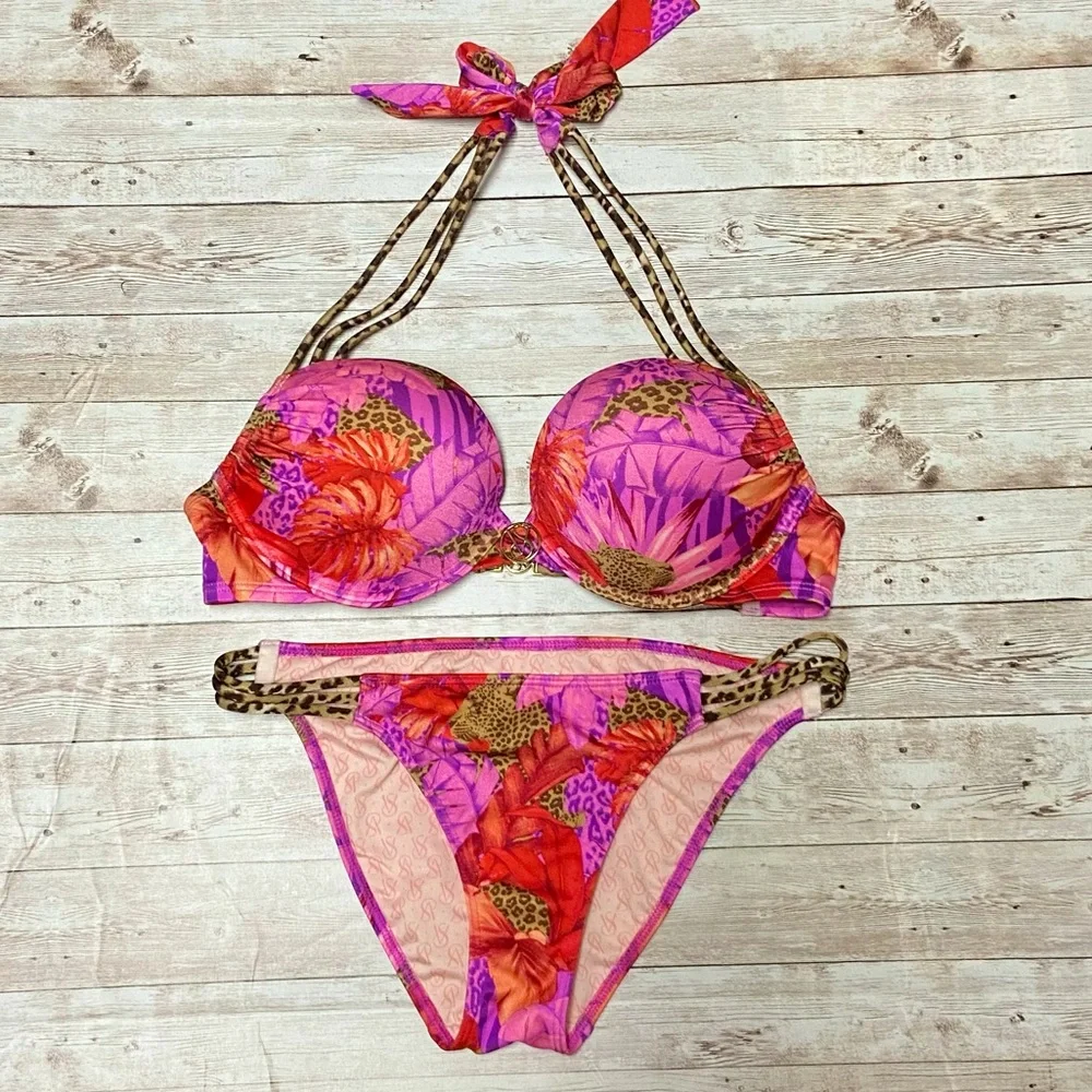 NEW Victoria’s Secret Floral Tropical Leopard Bombshell Bikini Set 34B/Small